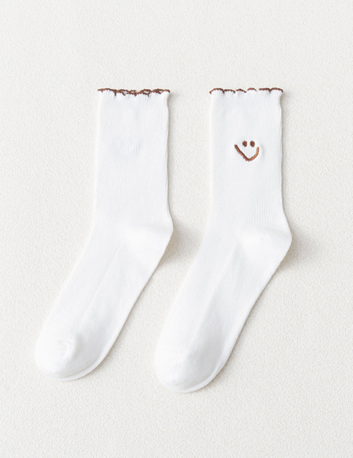 Fashion White Vertical Stripes Smiley Face Embroidery Cartoon Socks