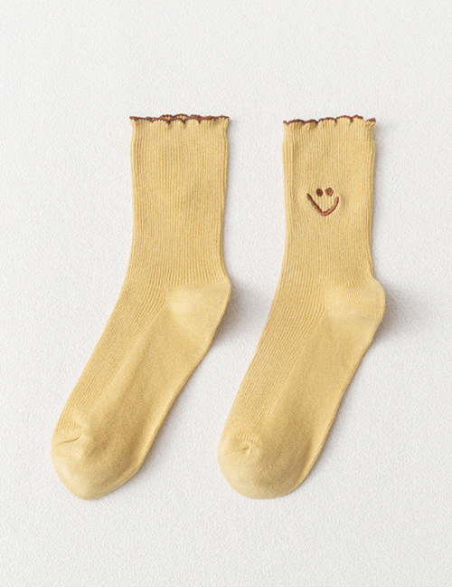 Fashion Yellow Vertical Stripes Smiley Face Embroidery Cartoon Socks