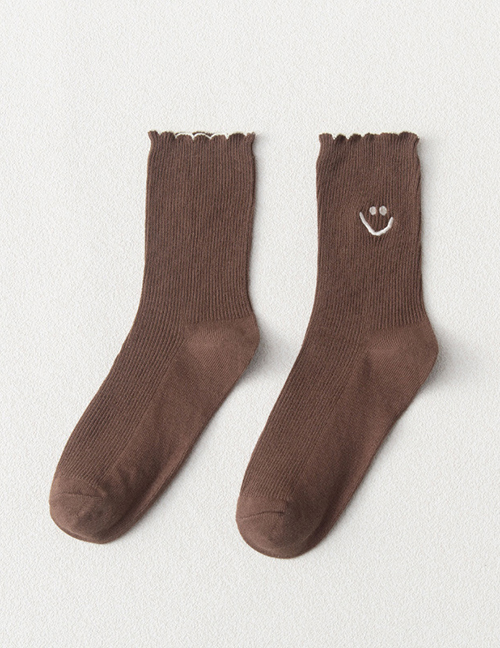 Fashion Deep Coffee Vertical Stripes Smiley Face Embroidery Cartoon Socks