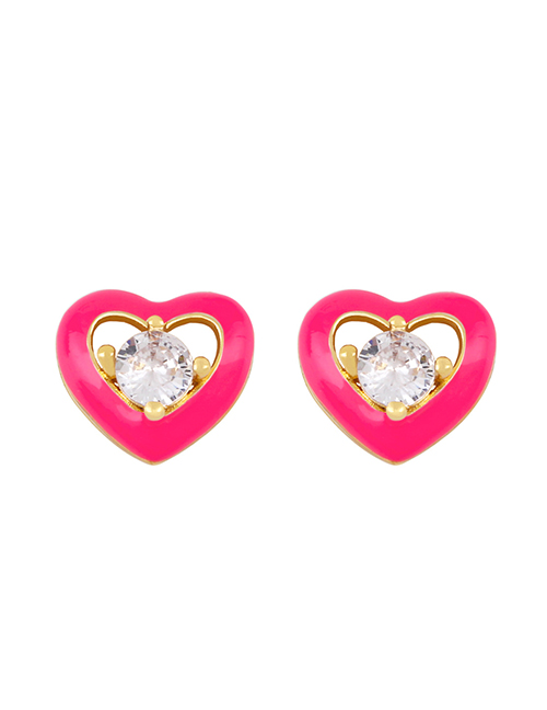Fashion Rose Red Copper Inlaid Zirconium Drop Oil Love Stud Earrings