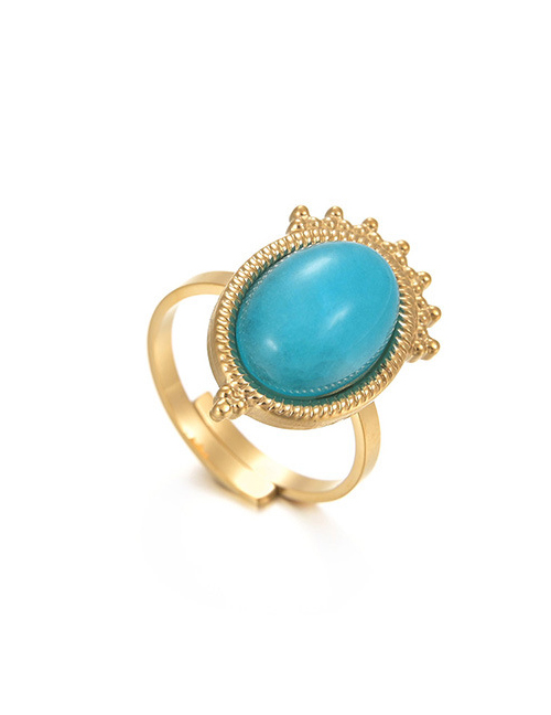 Fashion Gold Titanium Steel Oval Inlaid Blue Open Ring
