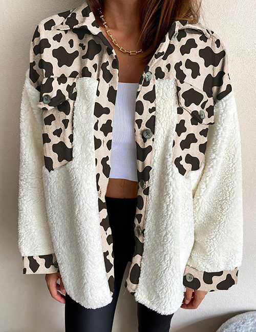 Fashion Beige Cow Check Leopard Print Plush Panel Buttoned Jacket