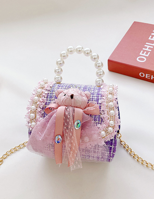 Fashion Purple Cotton And Linen Bear Label Pearl Portable Messenger Bag