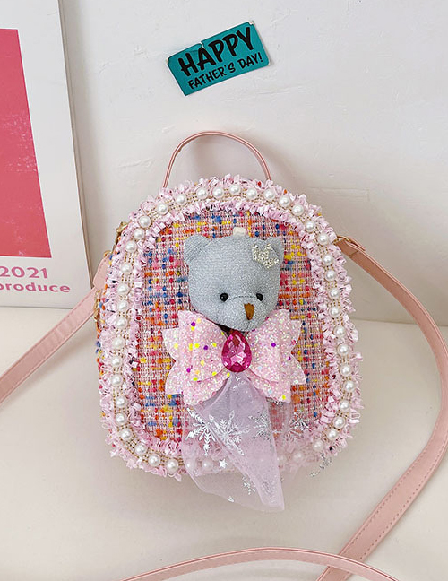 Fashion Pink Bear Cotton And Linen Stickers Bear Beaded Children's Backpack