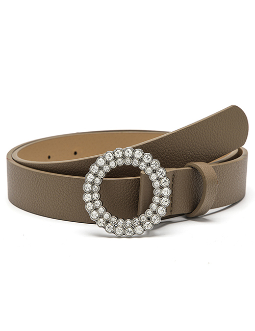 Fashion Dark Khaki Thin Pu Leather Belt With Diamond Round Buckle