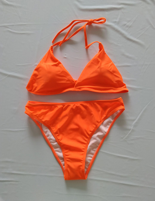 Fashion Orange Solid Color Halterneck Lace Split Swimsuit