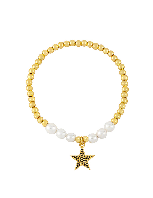 Fashion Black Brass Gold Plated Pearl Beaded Diamond Pentagram Bracelet