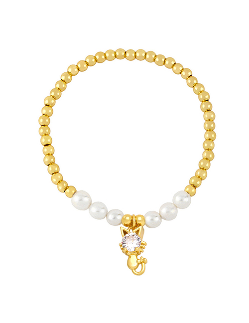 Fashion D Copper Gold Plated Pearl Beaded Diamond Kitten Bracelet