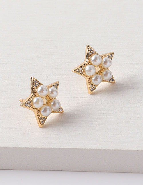 Fashion Gold Brass Gold Plated Star Stud Earrings With Diamonds And Pearls