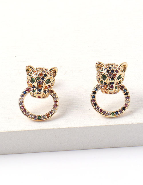 Fashion Gold Brass Gold Plated Leopard Stud Earrings With Diamonds  Copper