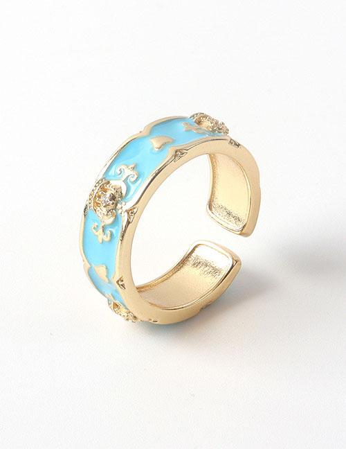 Fashion Navy Blue Brass Gold Plated Zirconium Oil Drop Geometric Open Ring