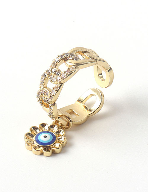 Fashion Navy Blue Bronze Zirconium Oil Drop Eye Flower Open Ring