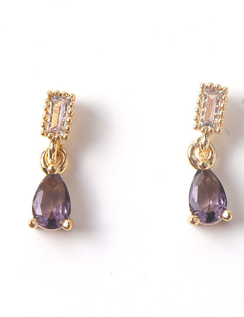 Fashion Purple Brass Gold Plated Zirconia Stud Earrings