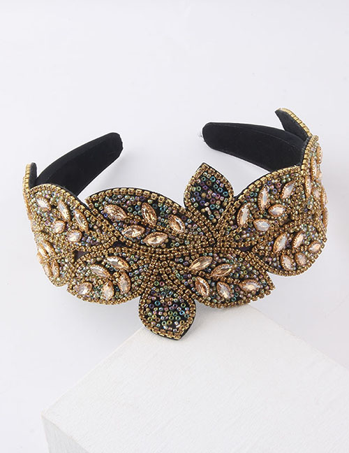 Fashion Champagne Geometric Diamond-studded Rice Bead Leaf Wide-brimmed Headband