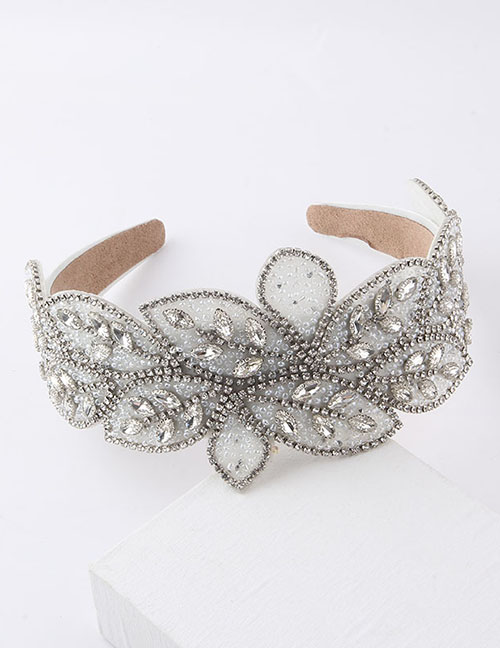 Fashion Silver Geometric Diamond-studded Rice Bead Leaf Wide-brimmed Headband