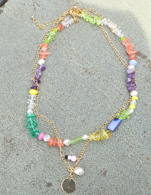 Fashion Color Colorful Gravel Beaded Medal Double Layer Necklace