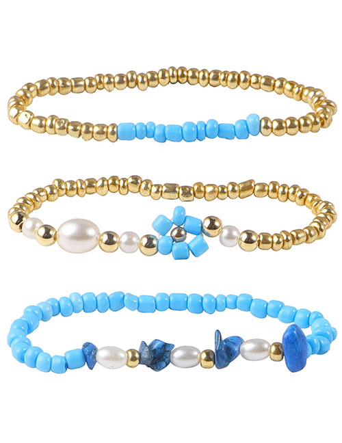 Fashion Blue Copper Beads Rice Beads Beaded Bracelet Set