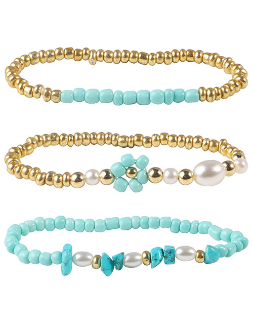 Fashion Lake Blue Copper Beads Rice Beads Beaded Bracelet Set