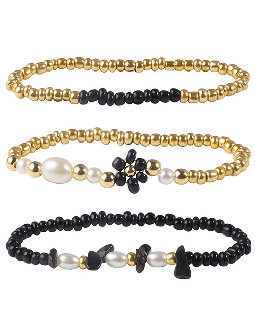 Fashion Black Copper Beads Rice Beads Beaded Bracelet Set