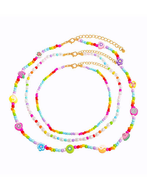 Fashion Style Two Candy Color Colorful Rice Beads And Pearl Beaded Clay Necklace Set