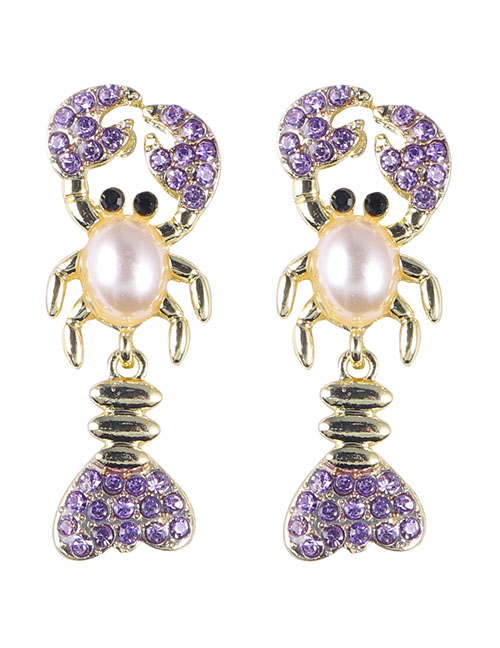 Fashion Purple Alloy Diamond Pearl Crayfish Stud Earrings
