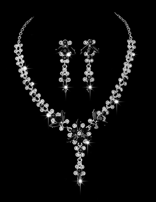 Fashion Black Diamond Electroplating Silver Geometric Diamond Drop Earrings Necklace Set