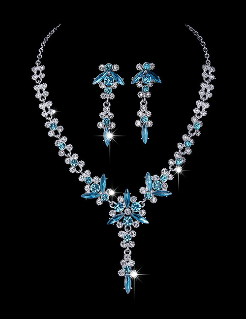 Fashion Aquamarine Diamond Electroplating Silver Geometric Diamond Drop Earrings Necklace Set
