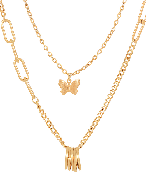 Fashion Gold Alloy Butterfly Ring Pendant Chain Double Layer Necklace