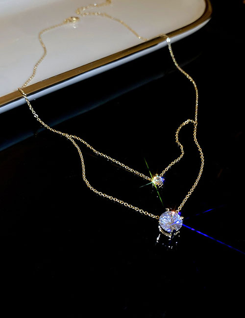 Fashion Gold Color Bronze Zirconium Geometric Double Layer Necklace