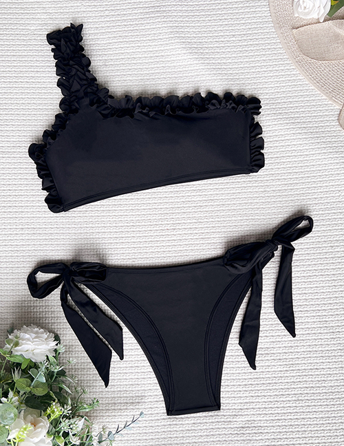 Fashion Black Nylon Lace One-shoulder Strappy Swimsuit