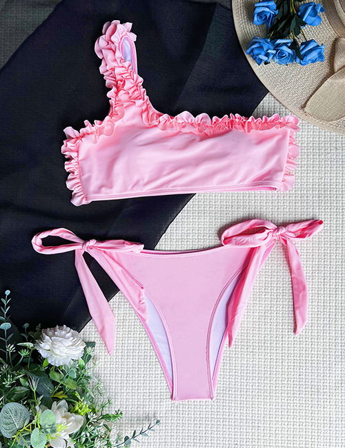 Fashion Pink Nylon Lace One-shoulder Strappy Swimsuit