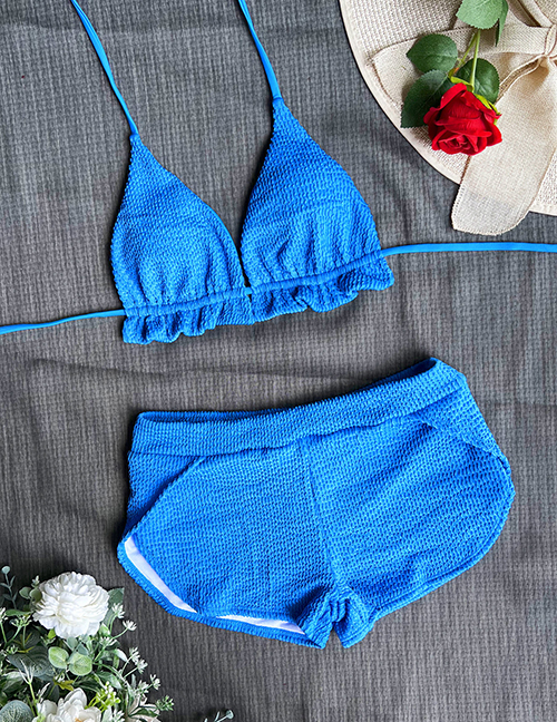 Fashion Blue Nylon Halterneck Lace-up Swimsuit