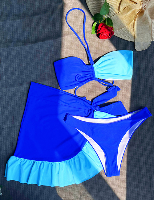 Fashion Blue Orchid Three-piece Nylon Colorblock Lace-up Knotted Split Swimsuit