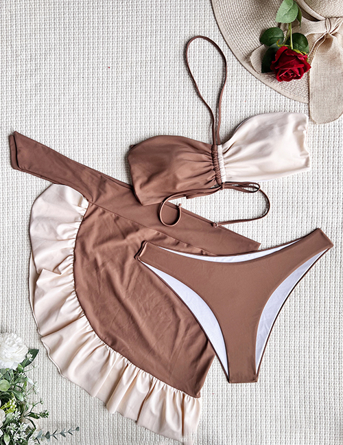 Fashion Coffee White Three-piece Nylon Colorblock Lace-up Knotted Split Swimsuit