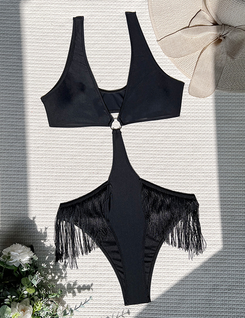 Fashion Black Nylon Fringed One-piece Swimsuit