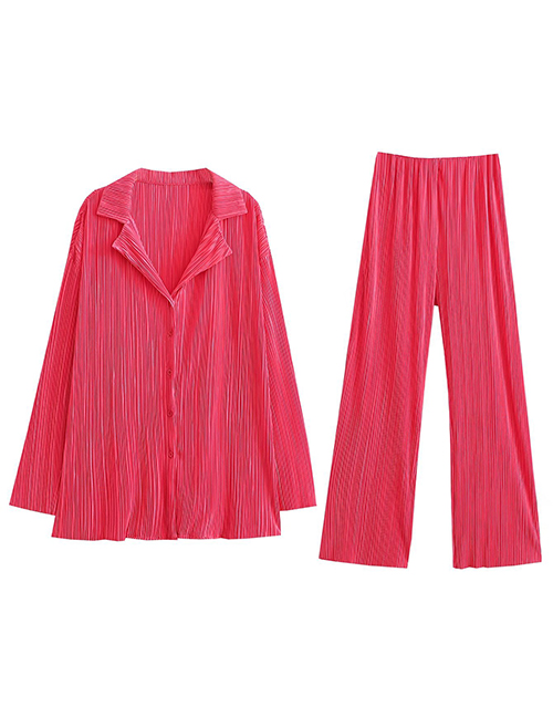 Fashion Rose Red Solid Color Lapel Pleated Long Sleeve Trousers Two-piece Set