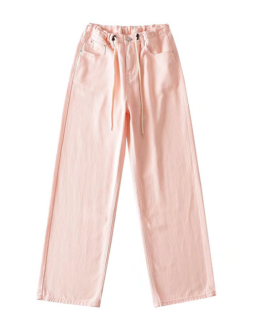 Fashion Pink Washed High-rise Drawstring Denim Trousers