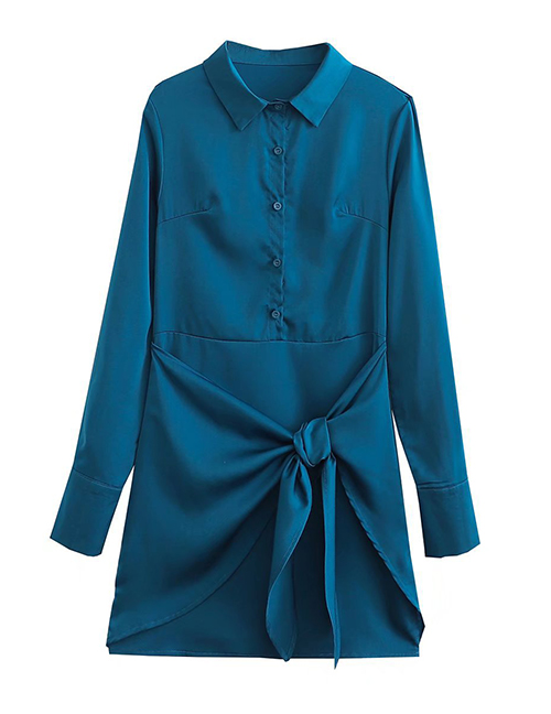 Fashion Blue Cotton Lapel-breasted Knot Dress