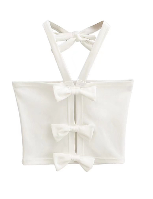 Fashion White Solid Color Halterneck Cutout Bow Vest