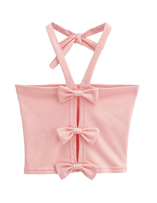 Fashion Pink Solid Color Halterneck Cutout Bow Vest