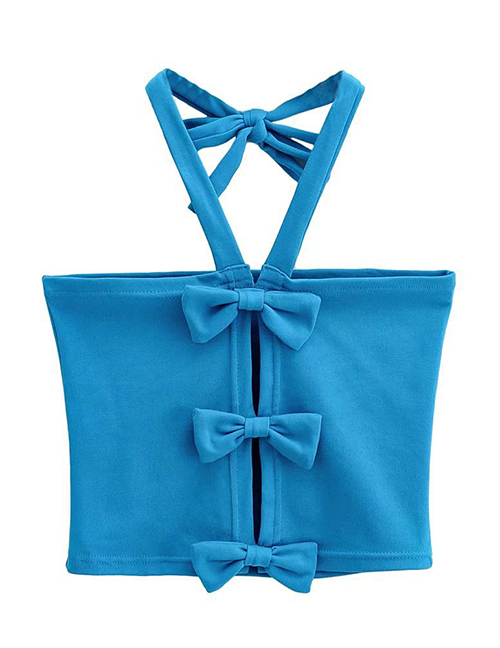 Fashion Blue Solid Color Halterneck Cutout Bow Vest