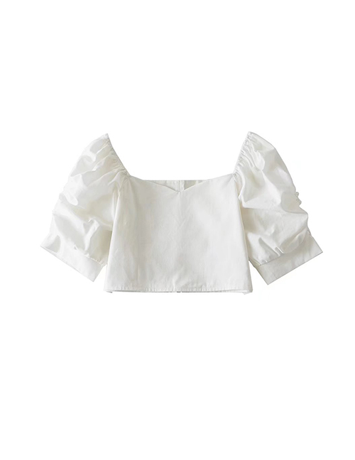 Fashion White Solid Color Cotton Linen Puff Sleeves Square Neck Short Sleeves
