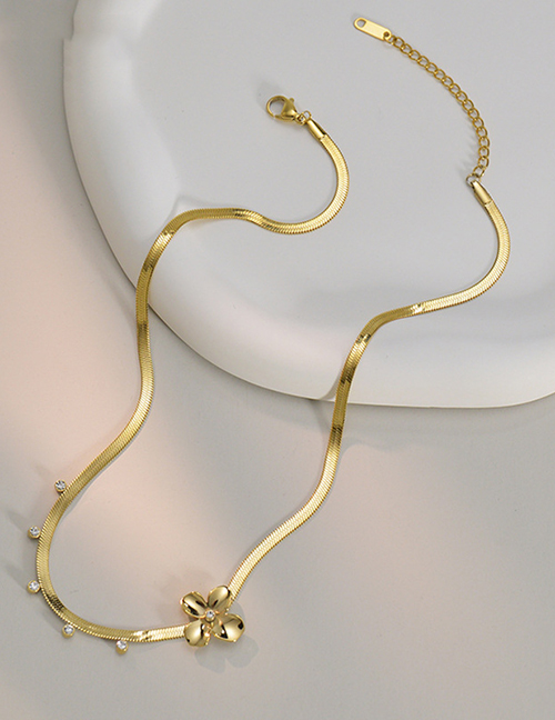 Fashion Gold Titanium Steel Diamond Flower Snake Bone Chain Necklace