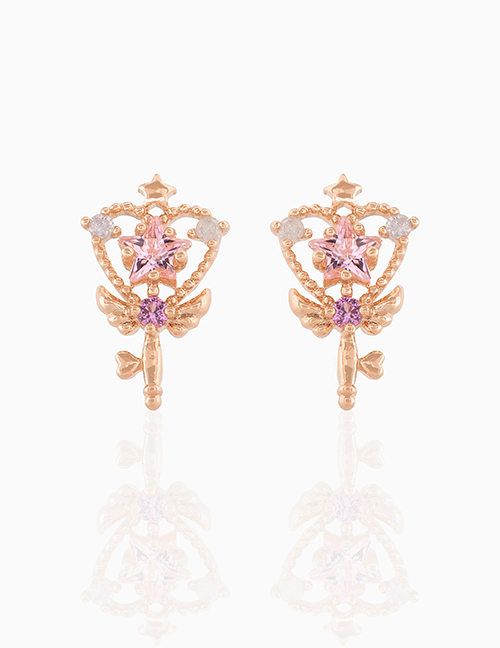 Fashion Rose Gold Copper Diamond Pentagram Love Magic Wand Stud Earrings