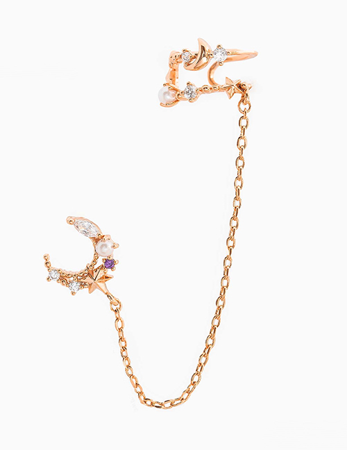 Fashion Rose Gold Brass Inset Zirconium Star And Moon Tassel Stud Earrings