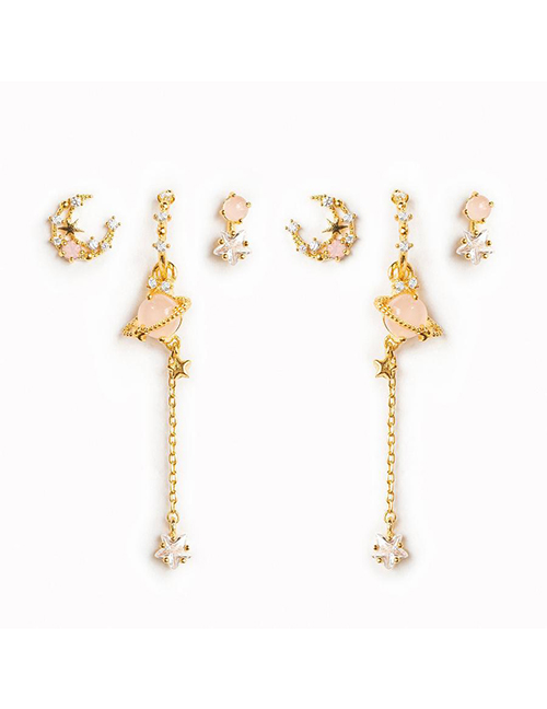 Fashion Gold Brass Inset Zirconium Star And Moon Chain Stud Earrings Set