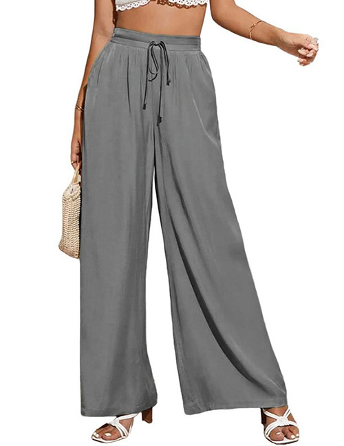 Fashion Grey Cotton Solid Lace-up Wide-leg Pants
