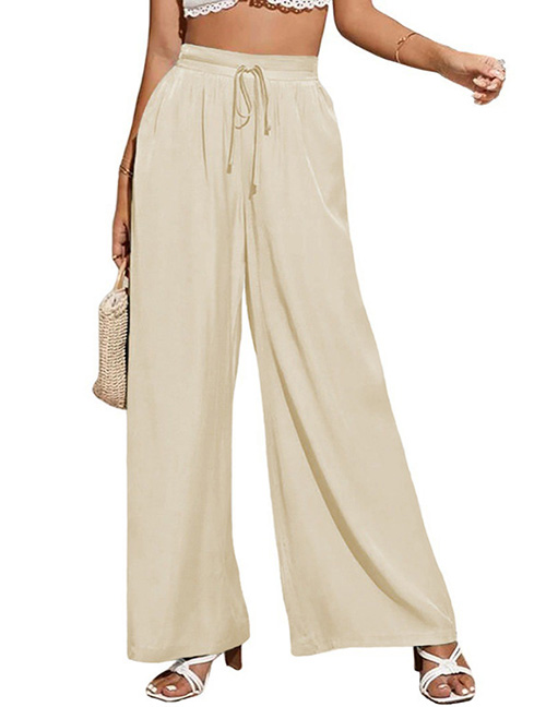 Fashion Apricot Cotton Solid Lace-up Wide-leg Pants