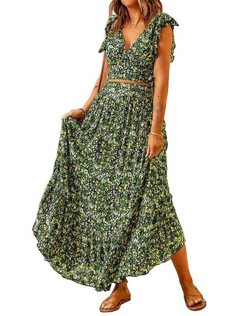 Fashion Yellow-green Geometric Print V-neck Lace Sleeveless Dress