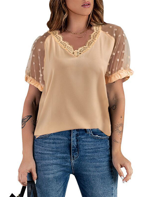 Fashion Apricot Lace V-neck Pullover Short Sleeves